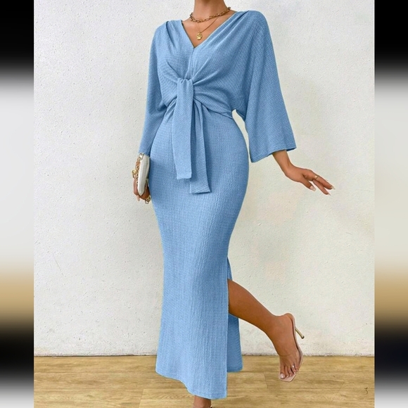 Women's Solid Color Front Tie Long Sleeve Casual Long Dress With Slit - Picture 1 of 6